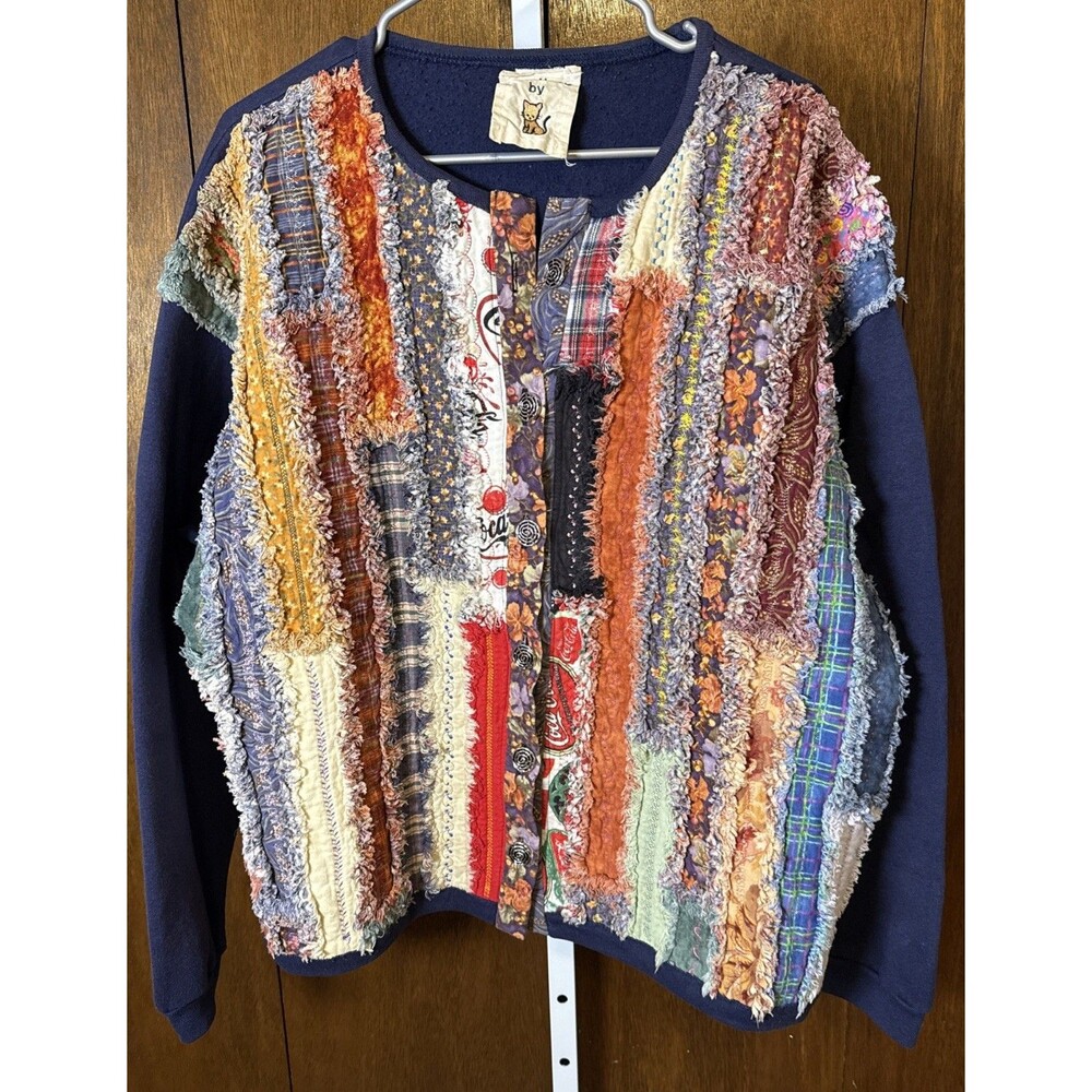 Vtg Homemade Quilted Patchwork Sweatshirt Jacket Size L Frayed Edges Button Down